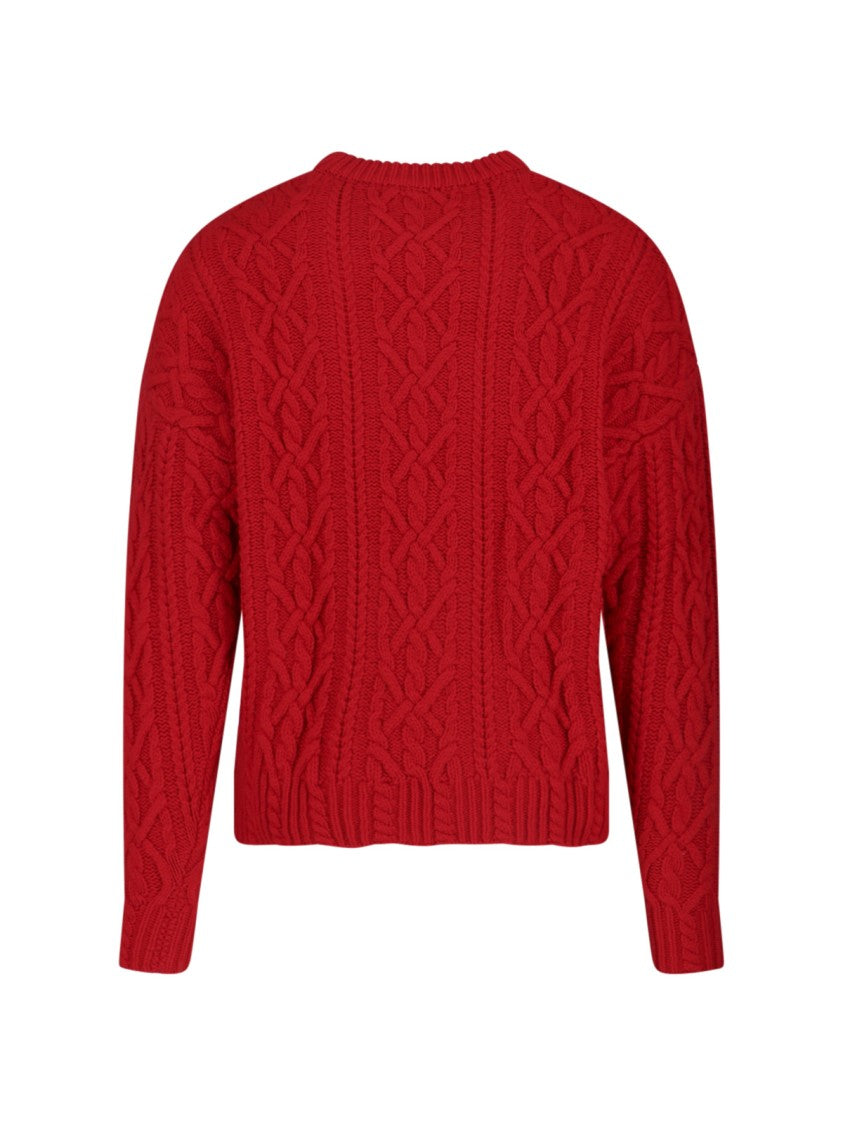 Aspesi Wool Cable Sweater, Red, Crew Neck
