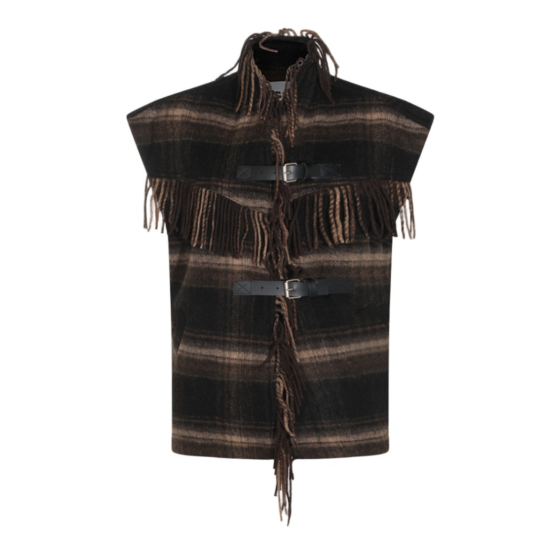 Isabel Marant Étoile Sleeveless Dark Plaid Coat With Fringed High Collar