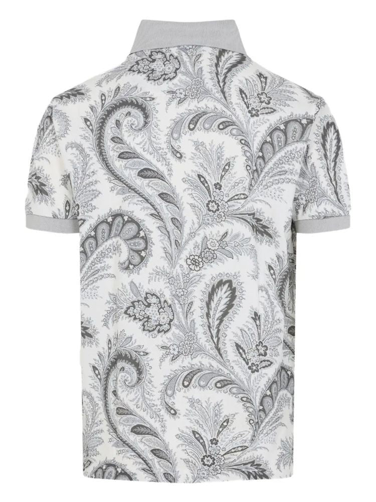 Etro White Paisley Pattern Cotton Short-Sleeve Polo Shirt