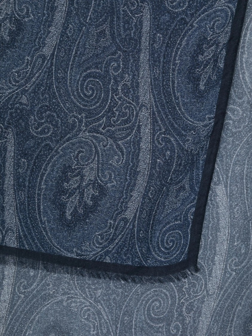 Etro Deep Blue Paisley Fringed Scarf