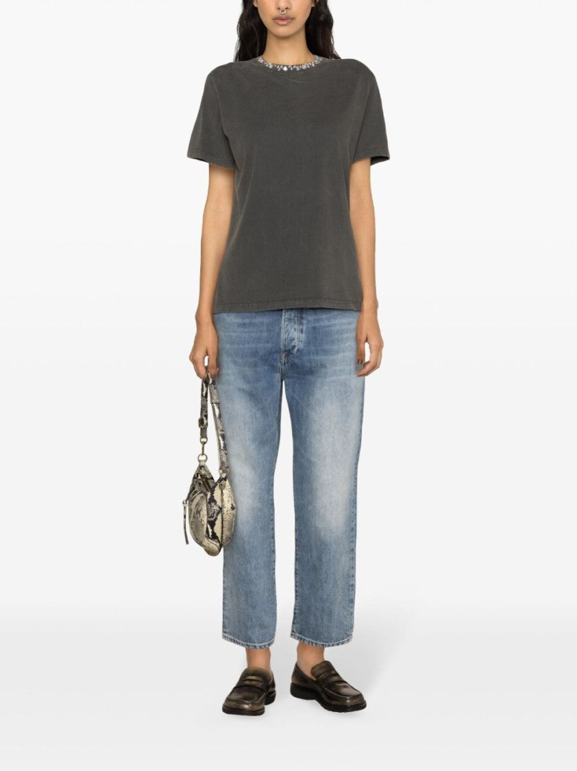 Golden Goose Distressed Grey Cotton T-Shirt With Crystal Embellishments