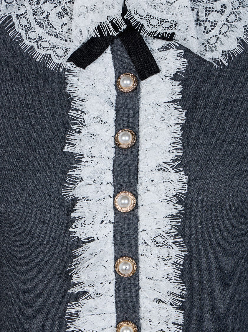 Self-Portrait Grey Lace Collar Knit Cardigan