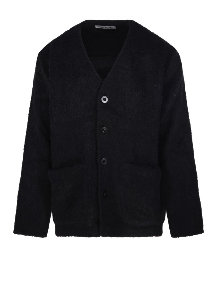 Our Legacy Textured Black Cardigan With Deep V-Neck And Cozy Fit