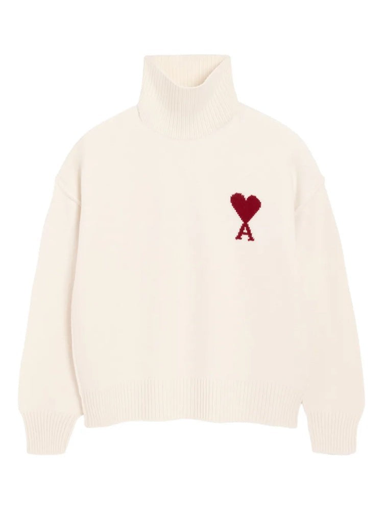 Ami Paris Funnel Neck Knit Sweater With Minimalist Emblem
