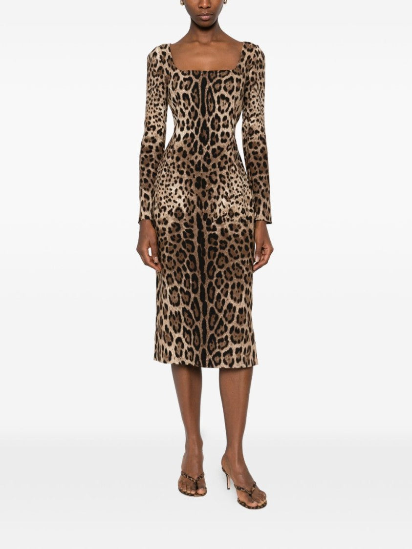 Dolce & Gabbana Leopard Print Square Neck Midi Dress