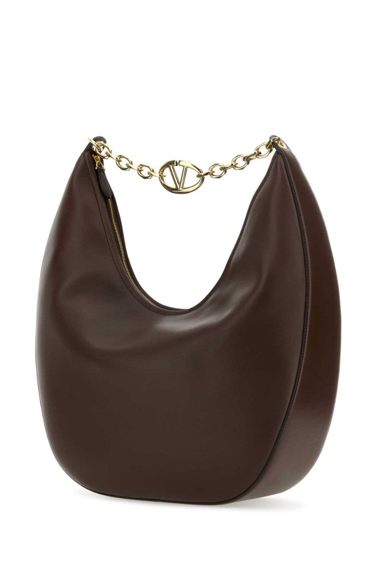 Valentino Garavani Brown Leather Medium Vlogo Moon Shoulder Bag