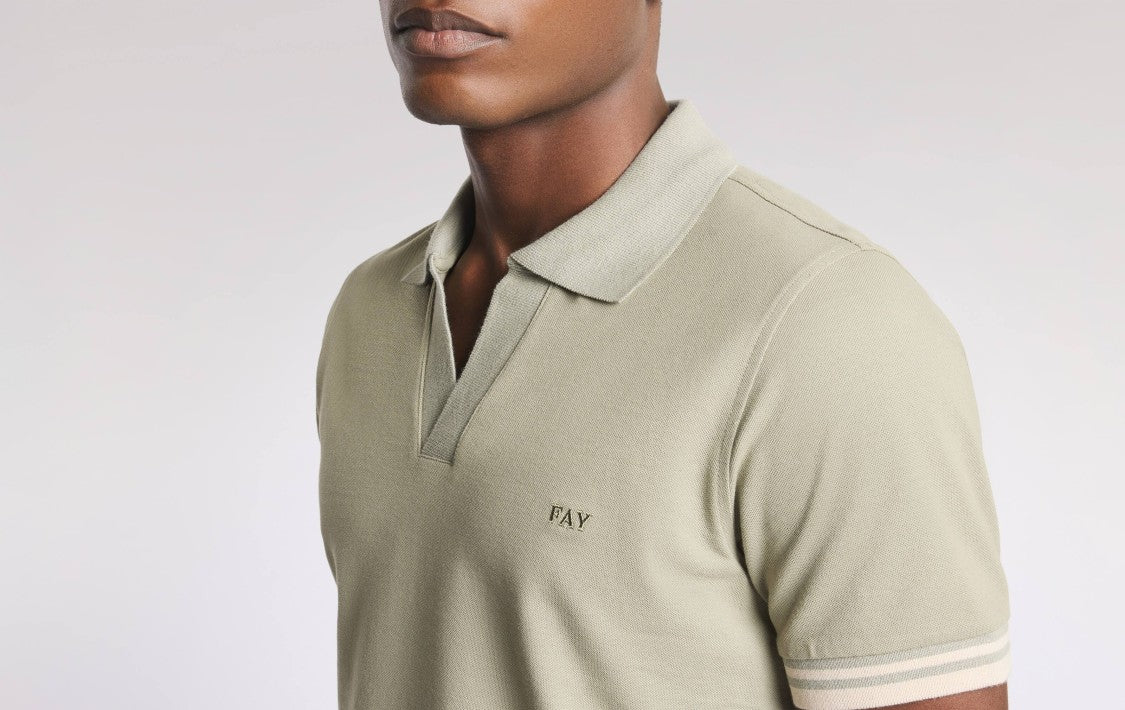 Fay Buttonless Striped Piquet Polo With Embroidered Logo