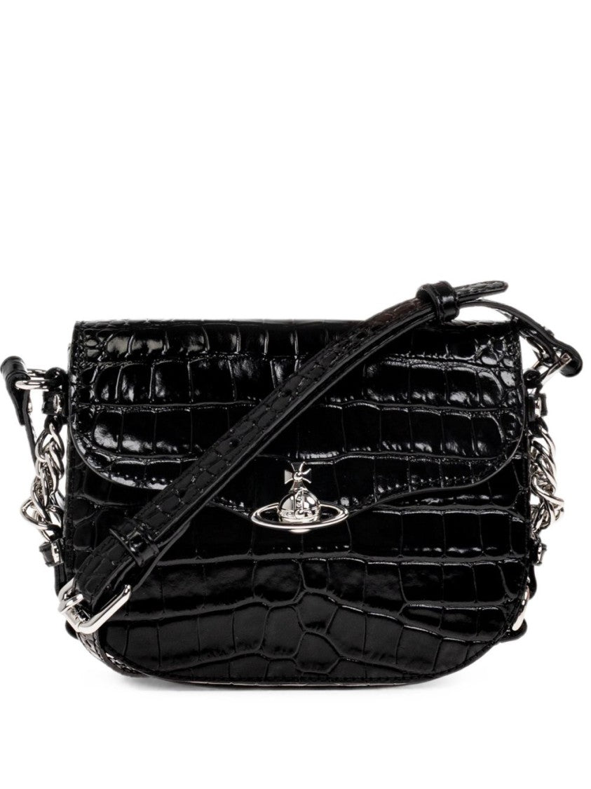 Vivienne Westwood Crocodile-Embossed Handbag With Silver Emblem And Adjustable Strap