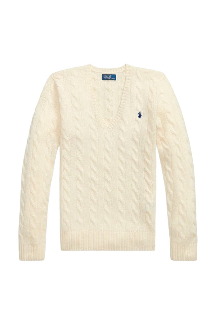 Polo Ralph Lauren Cream Wool-Cashmere Blend V-Neck Cable-Knit Sweater