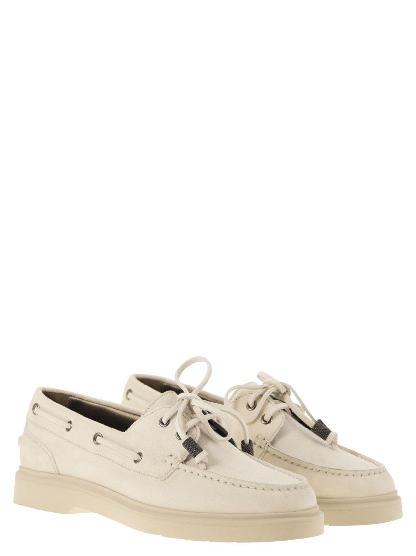 Brunello Cucinelli Penny Loafer Sail In Camoscio Con Shiny Aglets