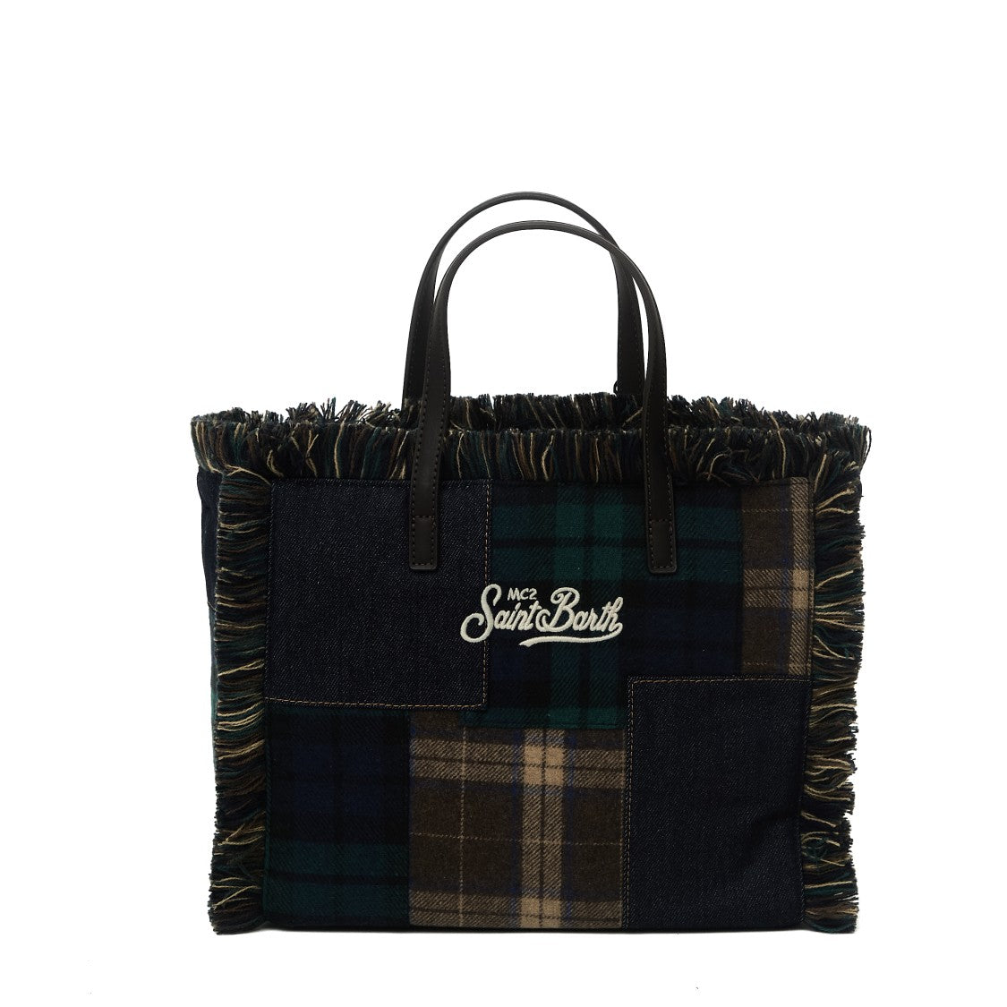 Mc2 Saint Barth Colette Tartan Denim-Insert Wool-Blend Handbag