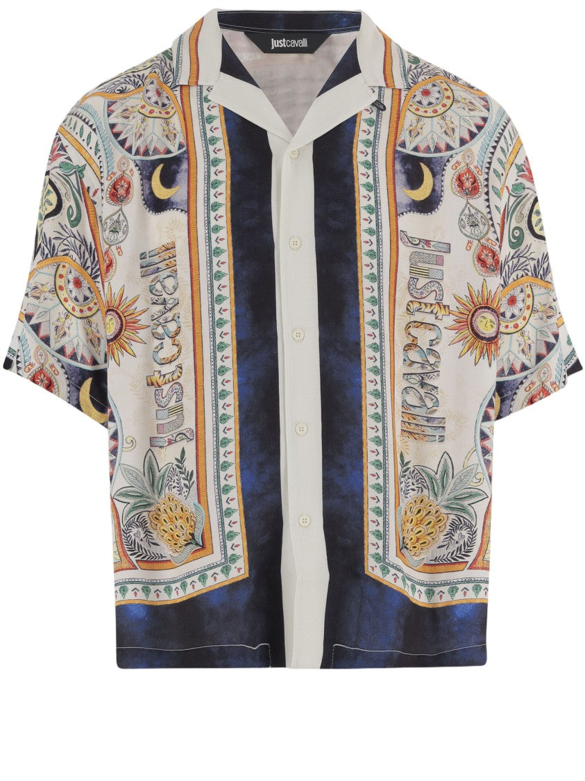 Just Cavalli Flowing Viscose Short-Sleeved Shirt With Tropical Motifs