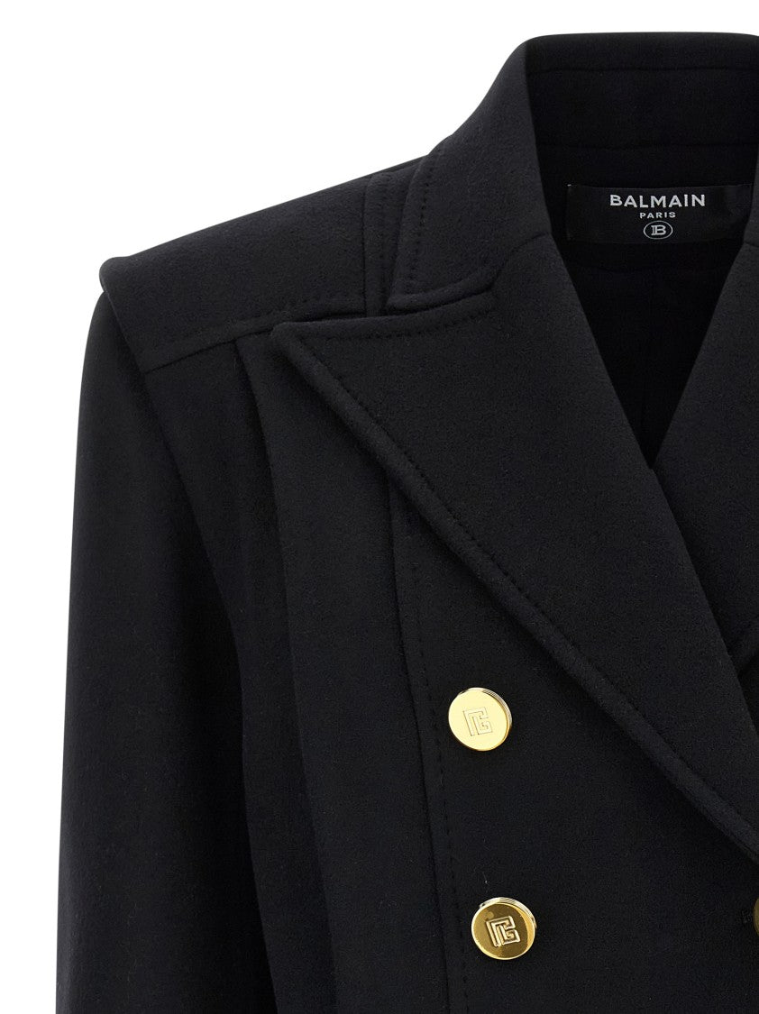 Balmain Short Double-Breasted Wool Blend Coat With Tailored Structure