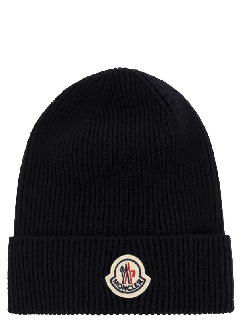 Moncler Ribbed Knit Wool Beanie With Iconic Logo Patch