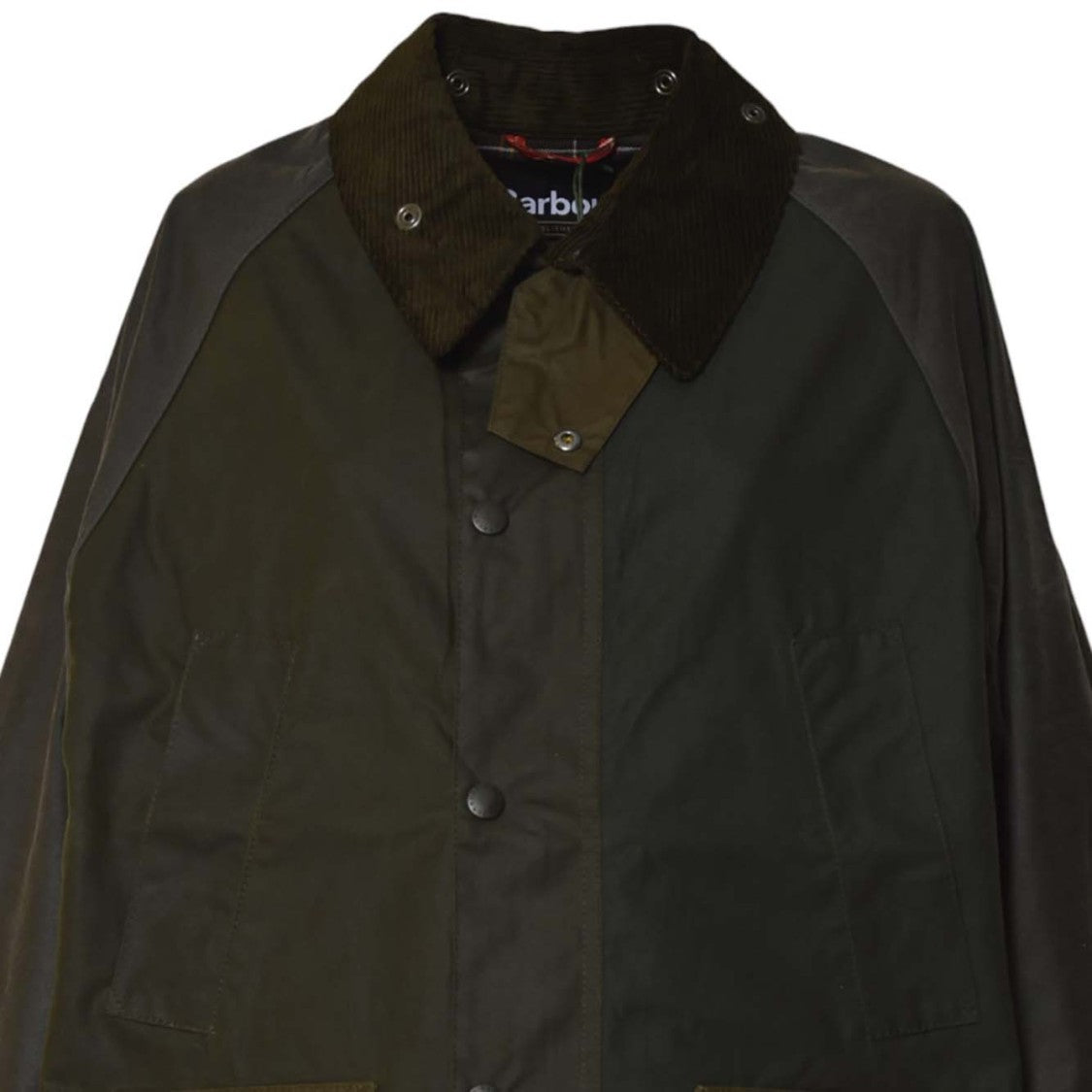 Barbour Dark Green Waxed Coat With Corduroy Collar And Plaid Lining