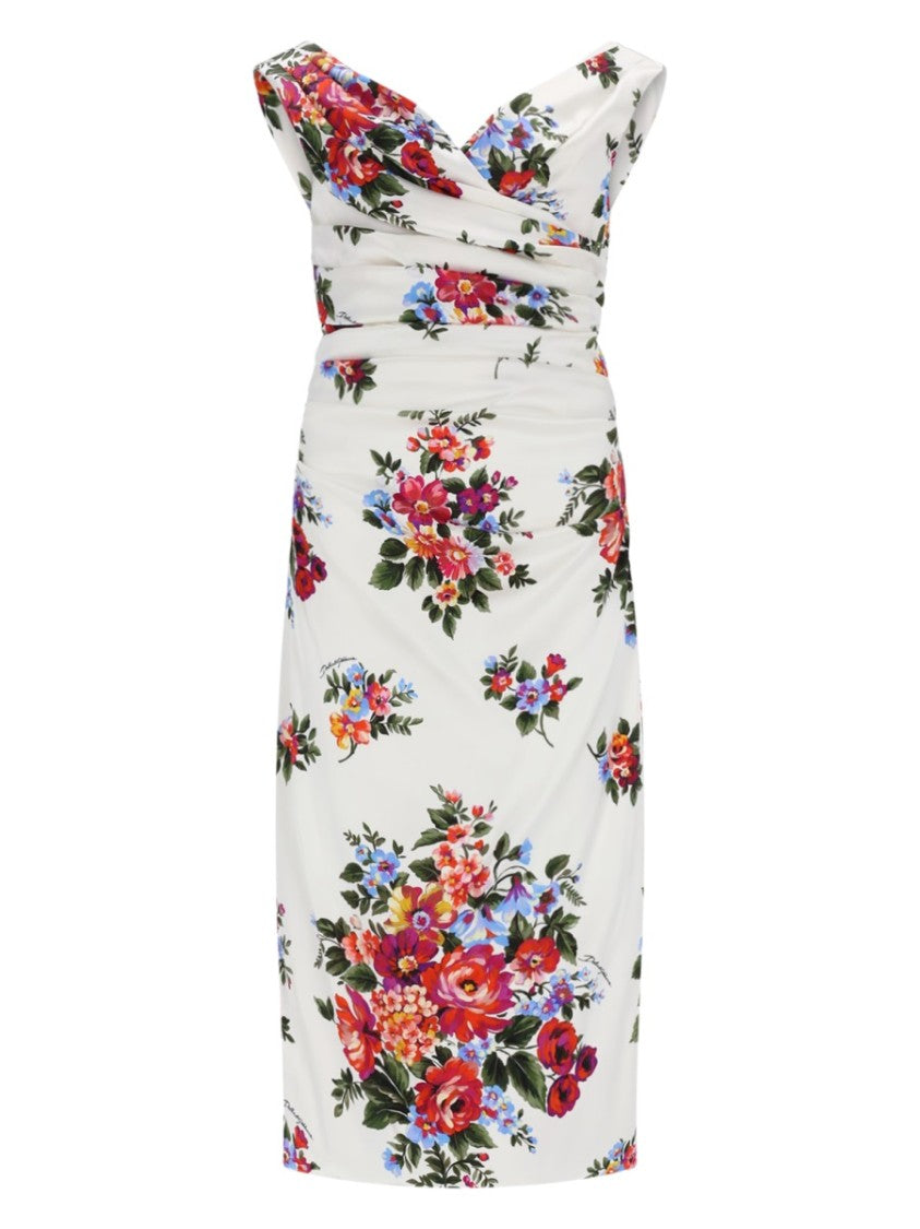 Dolce & Gabbana White Floral Cap Sleeves Midi Dress