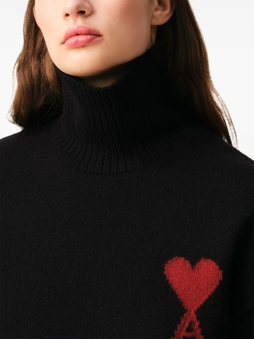 Ami Paris High Ribbed Turtleneck Sweater With Distinctive Heart Emblem