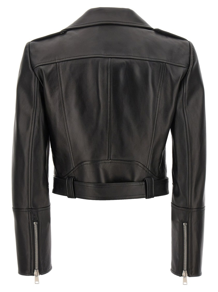 Mcqueen Cropped Leather Jacket With Off-Center Zip Closure