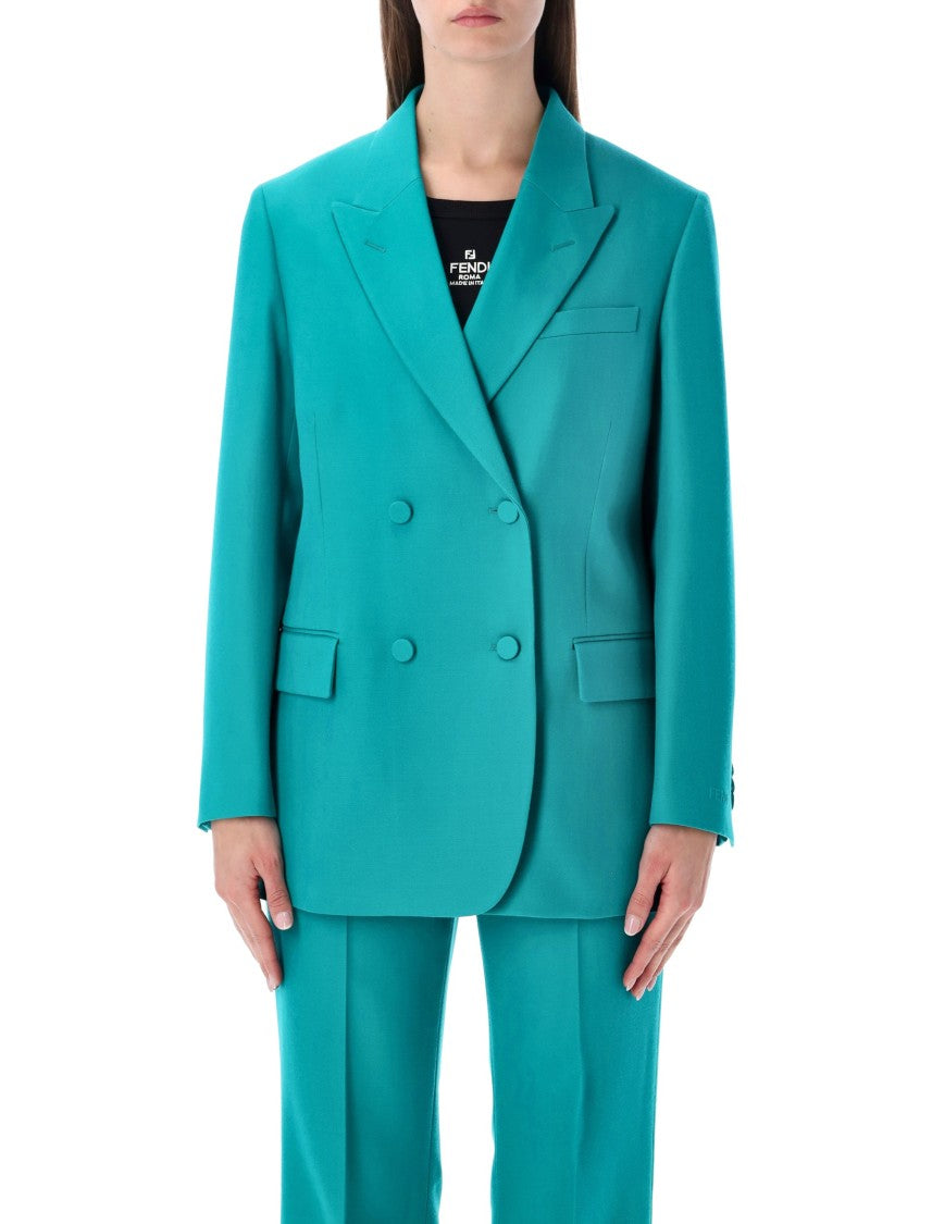 Fendi Tailored Turquoise Double-Breasted Blazer With Peak Lapels