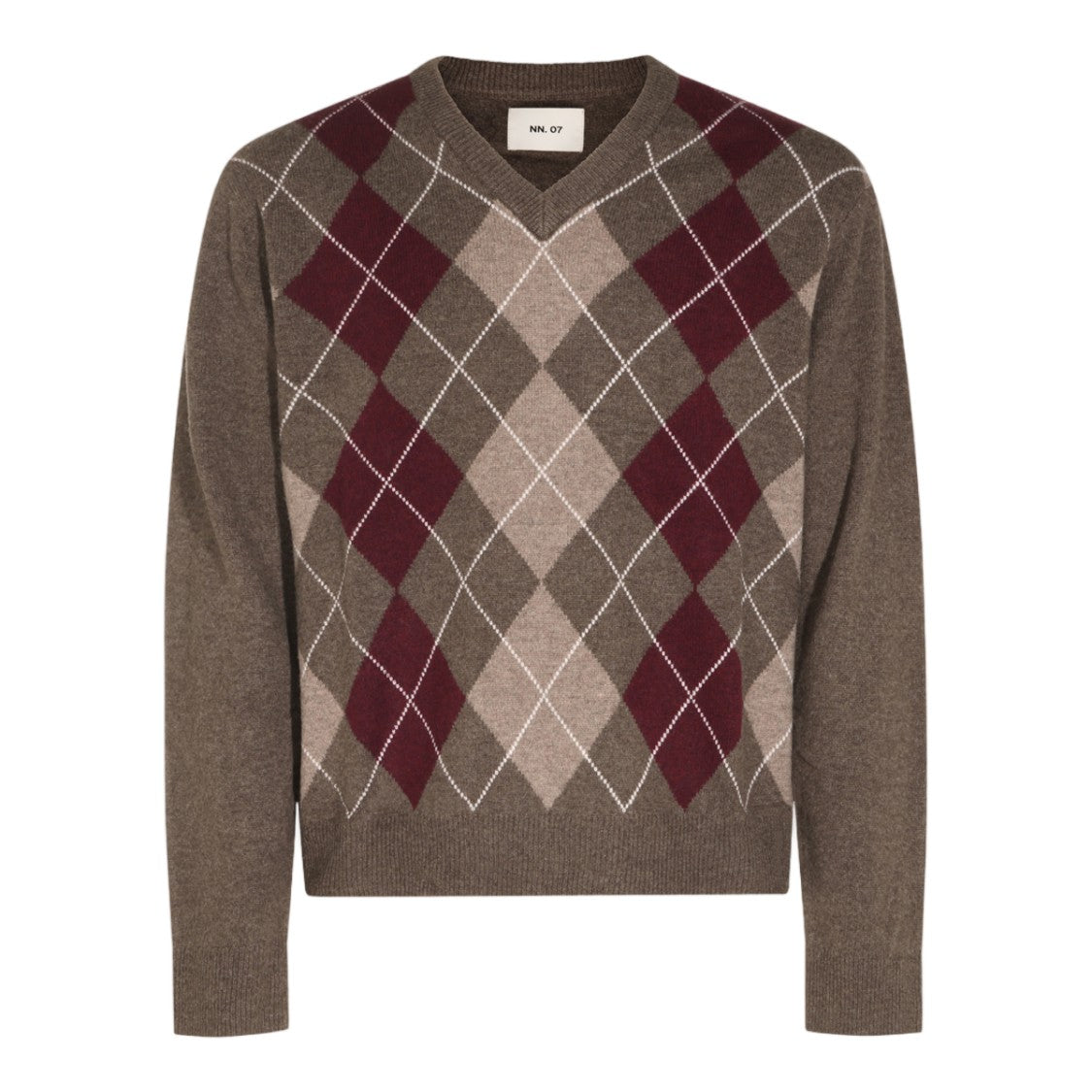 Nn.07 Argyle V-Neck Sweater In Brown And Burgundy