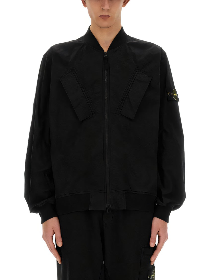 Stone Island Black Jacket With Zip Closure And Fitted Cuffs