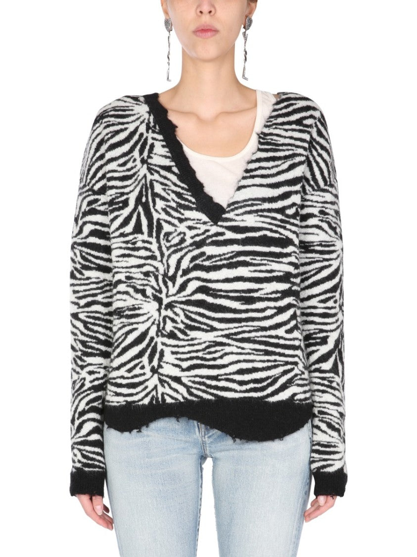 Saint Laurent Zebra Stripe V-Neck Sweater