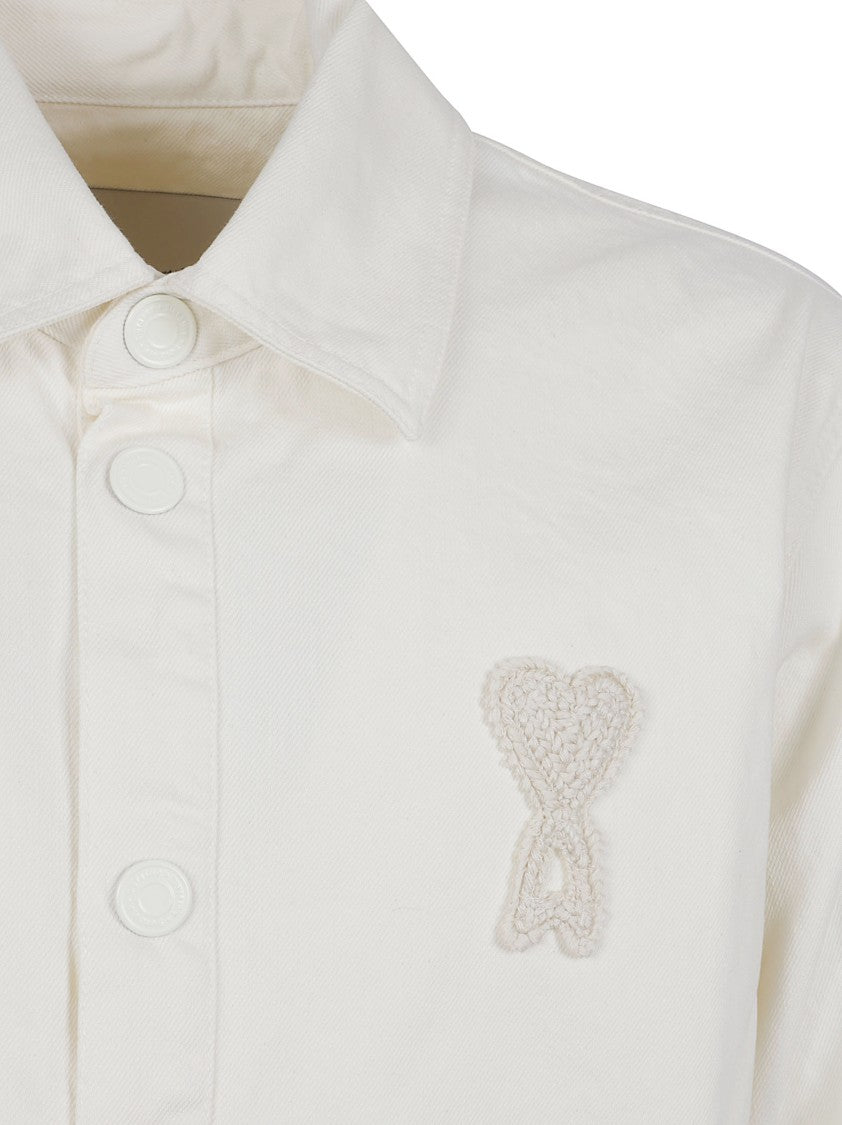 Ami Paris Heavy Cotton Denim Overshirt With Crocheted Patch
