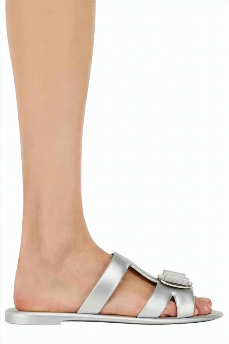 Salvatore Ferragamo Silver Slip-On Sandals With Decorative Bow