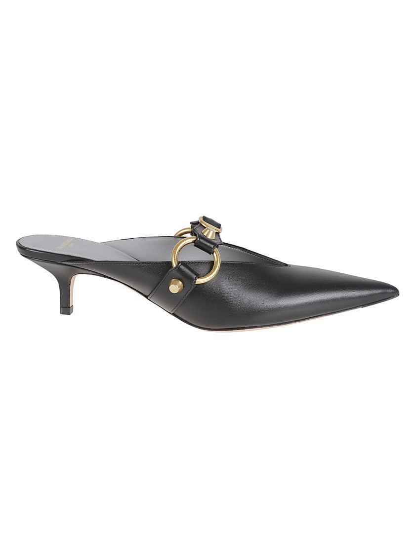 Balenciaga Pointed-Toe Black Leather Mules With Gold Hardware