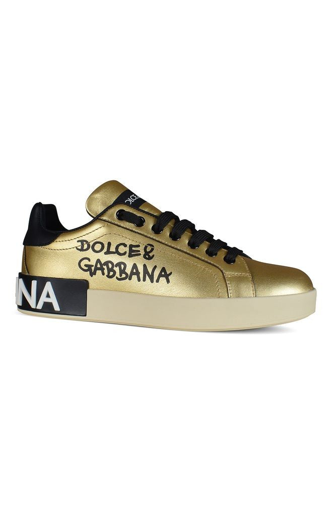 Dolce & Gabbana Gold Leather Sneakers With Contrasting Black Details