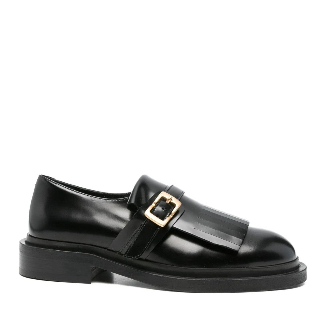 Adrianna Feretti Black Rounded Toe Fringed Panel Leather Loafers