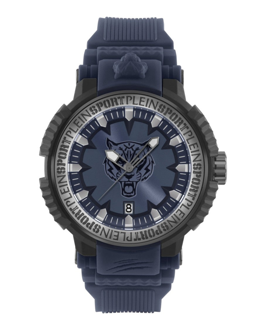 Plein Sport Tiger Motif 45Mm Black Silicone Watch With Blue Sunray Dial
