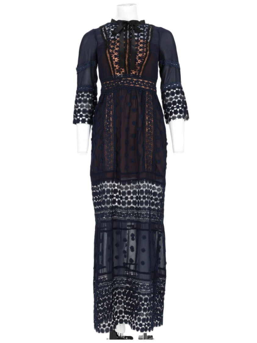 Nj Couture Intricate Lace Maxi Dress With Sheer Paneling