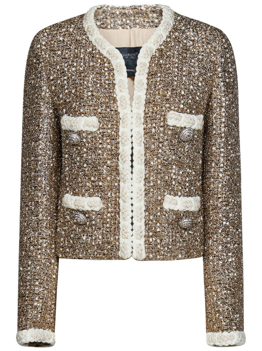 Giambattista Valli Metallic Textured Jacket With Floral Trim And Pockets