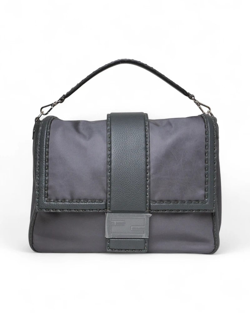 Fendi Maxi Large Flap Baguette In Grey Nylon