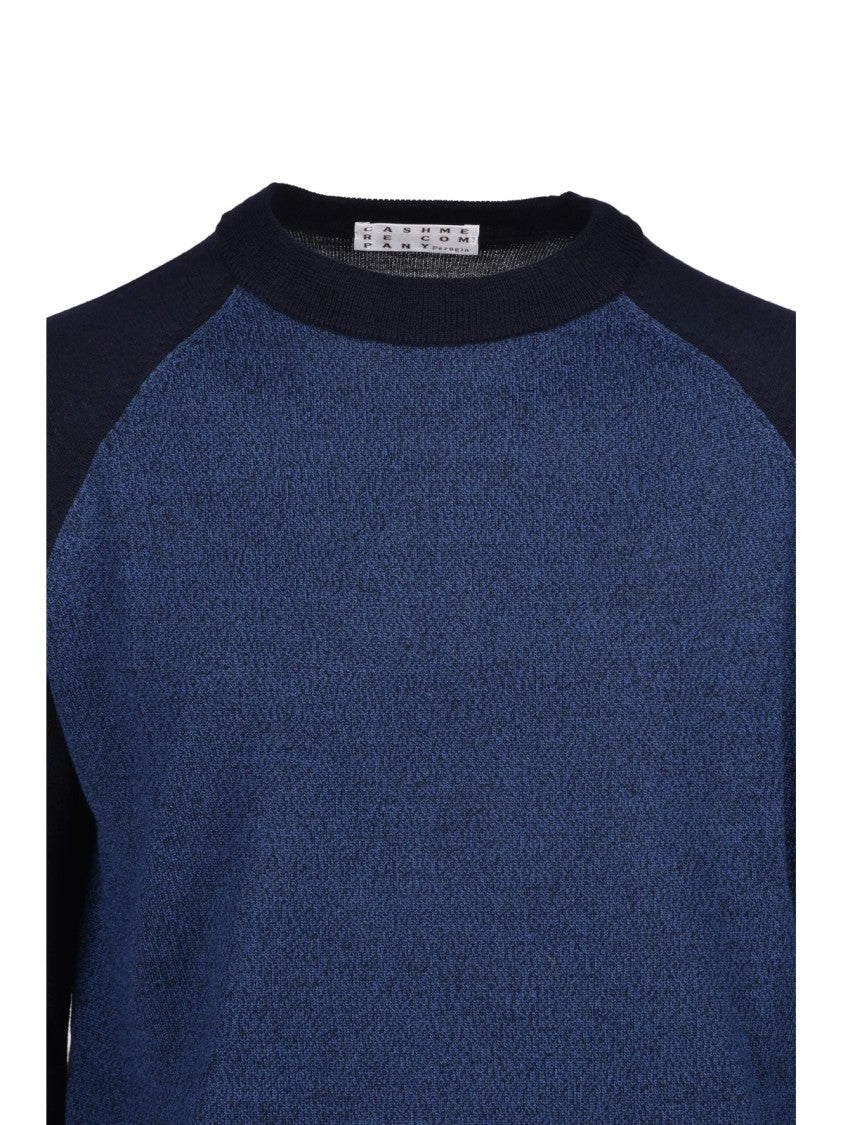 Cashmere Company P. Two-Tone Blue Cashmere And Merino Wool Crew Neck Sweater