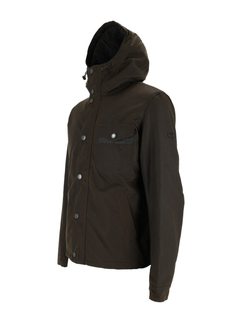 Barbour Brown Waxed Cotton Jacket With High Collar And Practical Design