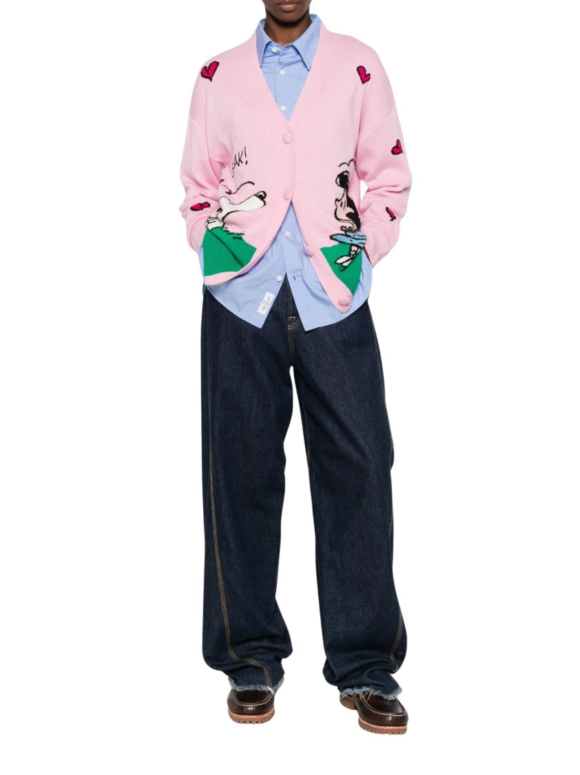 Mc2 Saint Barth Playful Cartoon Design Pink Cardigan With Button-Up Front