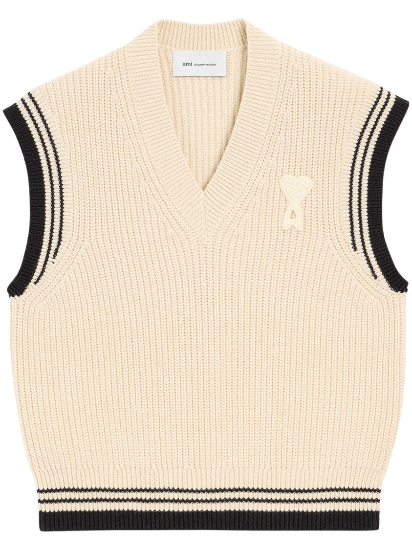 Ami Paris Sleeveless V-Neck Sweater With Chunky Knit