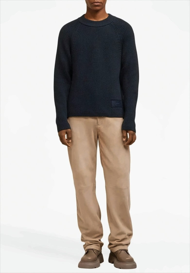 Ami Ribbed Knit Crewneck Sweater With Tonal Branding Detail