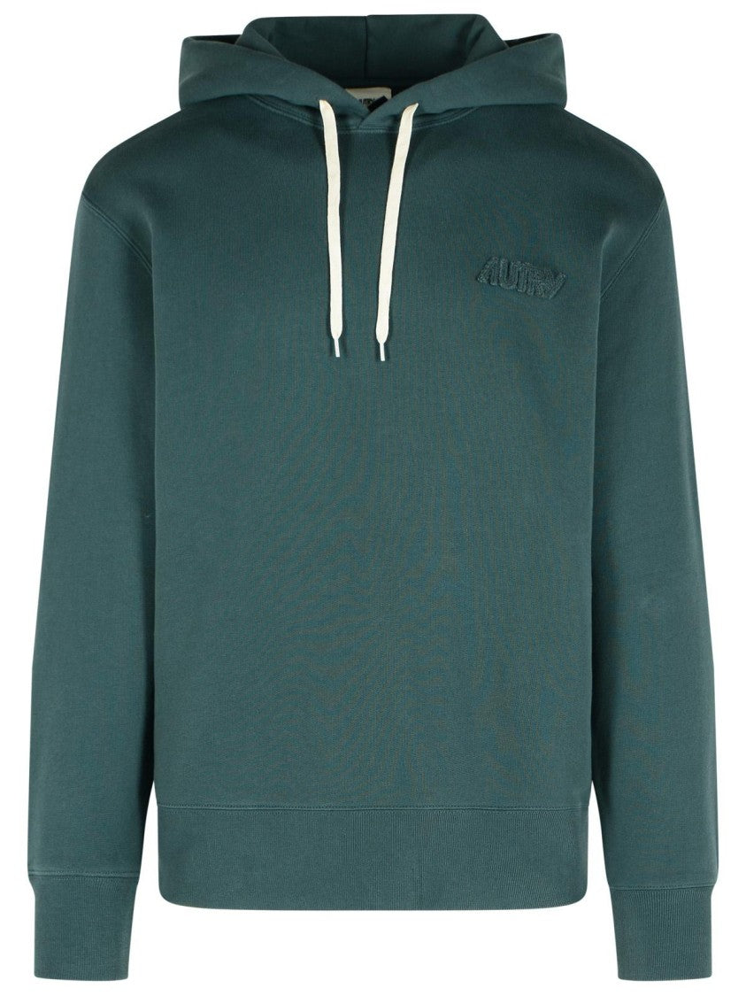 Autry Green Cotton Drawstring Hoodie With Logo Patch
