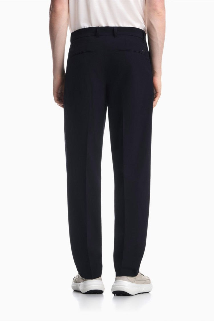 Emporio Armani Navy Pleated Tapered Viscose-Blend Pants