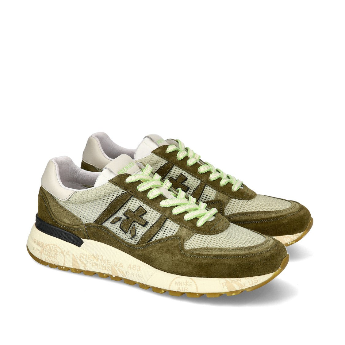 Premiata Landeck Sneakers In Green Suede And Natural Mesh Fabric