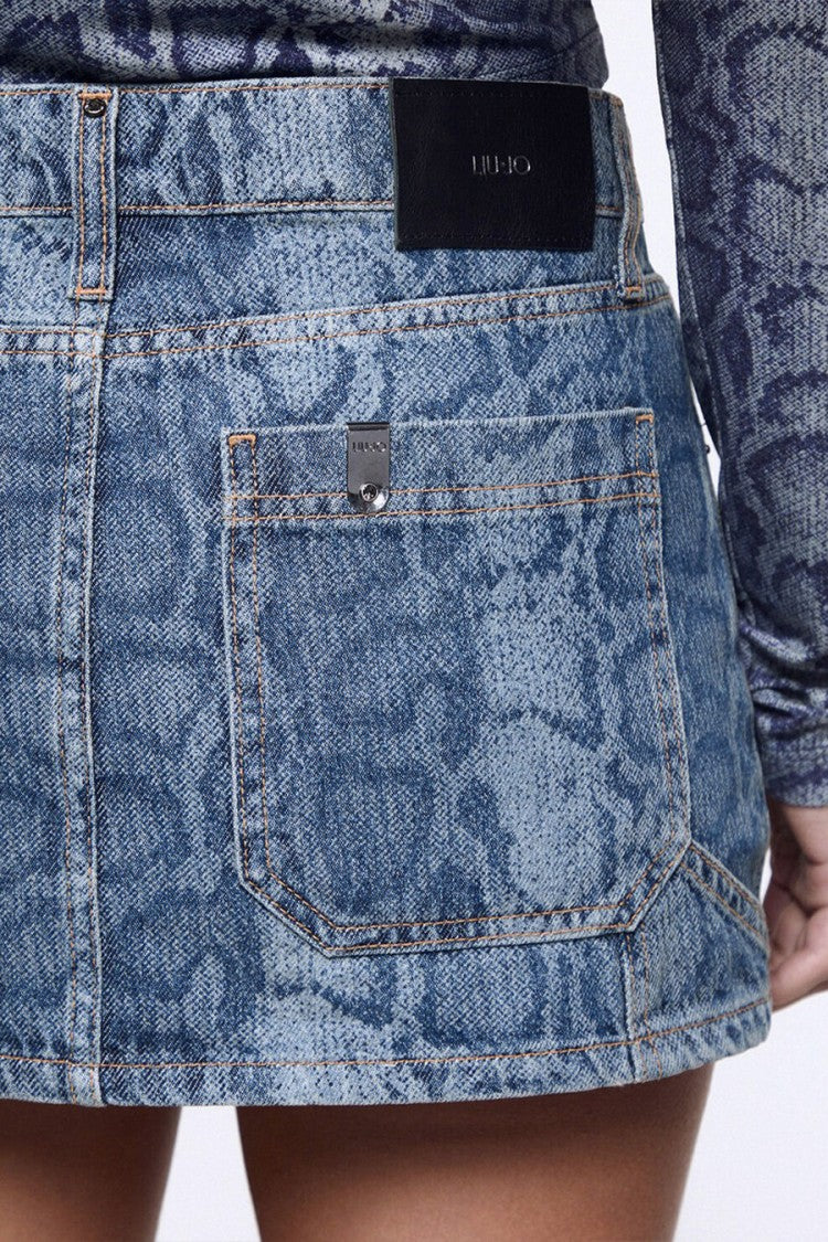 Liu Jo X Capsule 1 Elodie Blue Snake-Print Faded Denim Mini Skirt