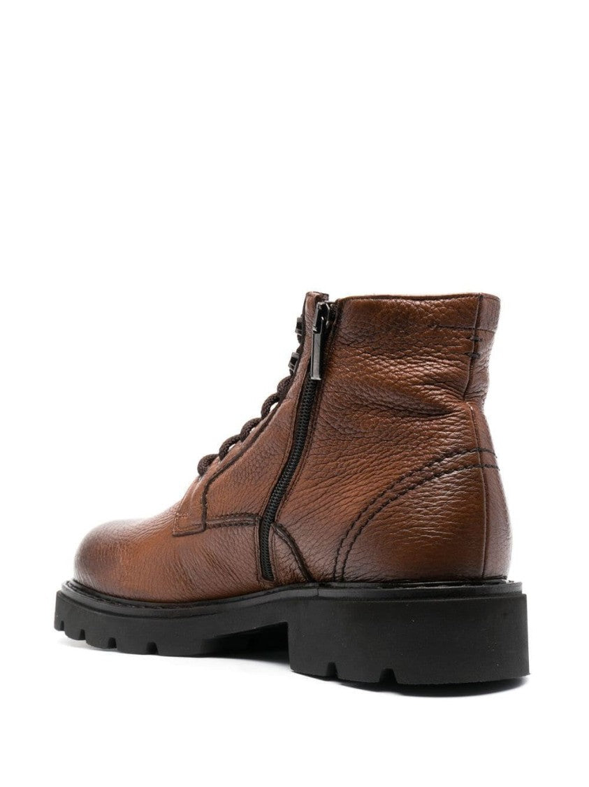 Casadei Textured Brown Leather Casual Ankle Boots With Rugged Sole