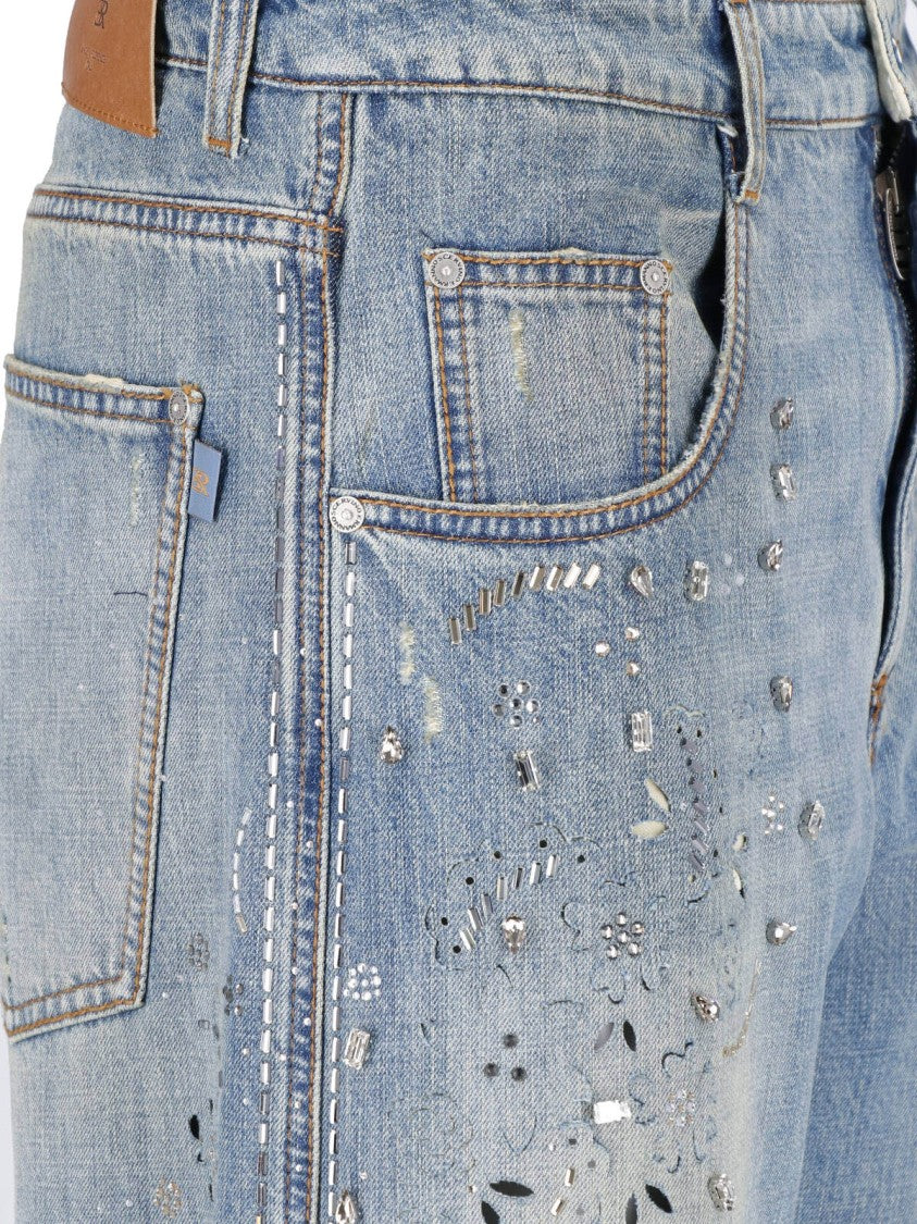 Ermanno Scervino Blue Crystal Stretch Cotton Wide-Leg Jeans