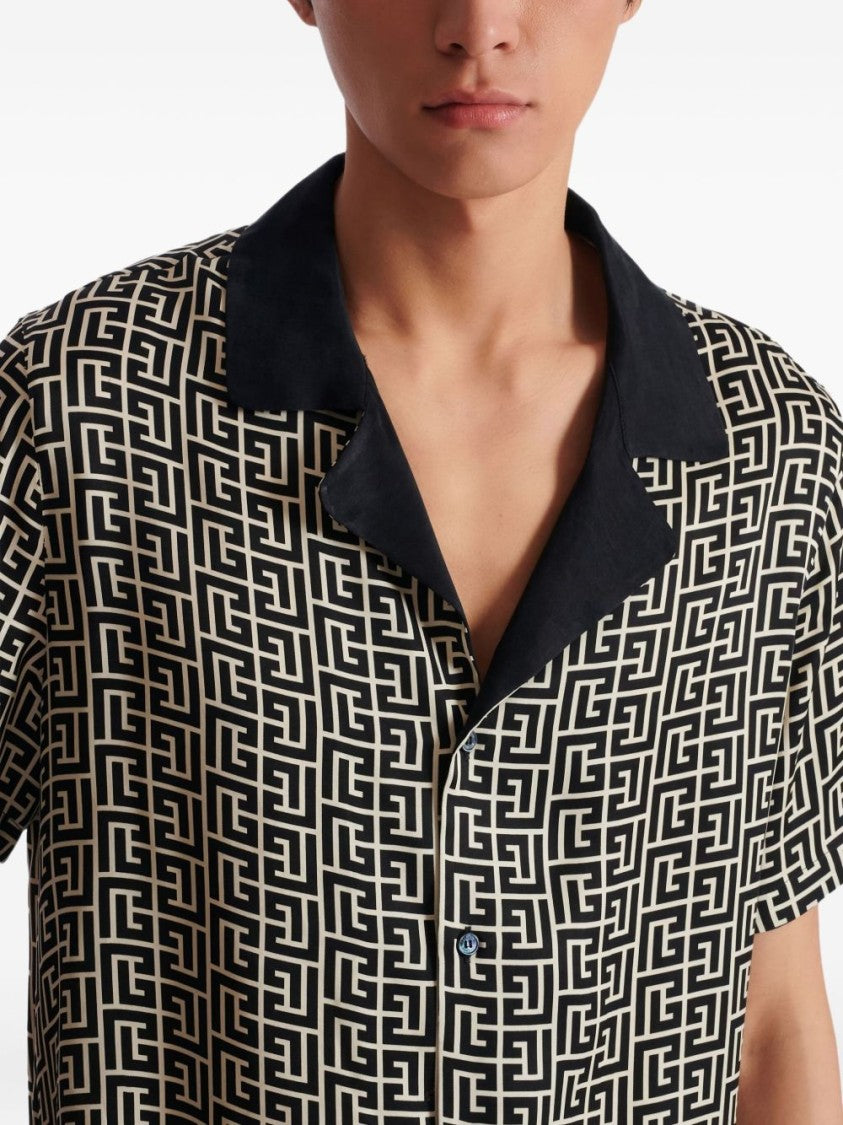 Balmain Black Monogram Button Short Sleeve Shirt
