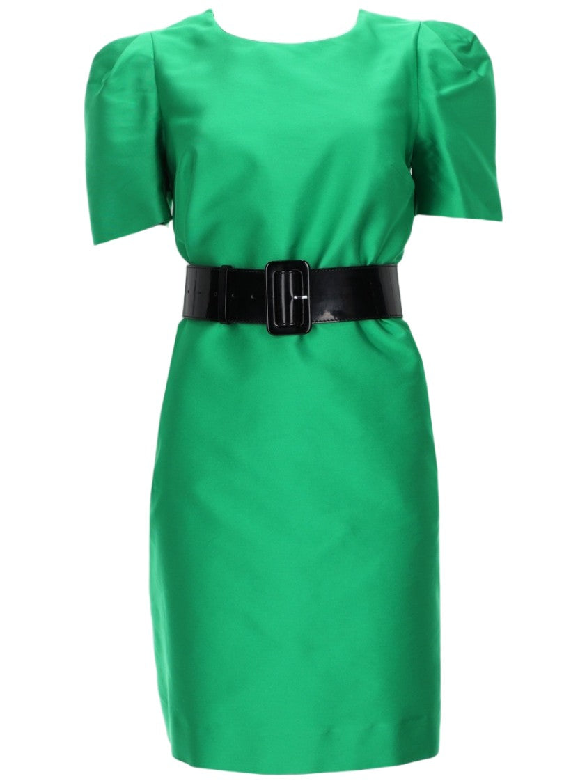 P.A.R.O.S.H. Structured Satin Mini Dress With Belted Waist And Puff Sleeves