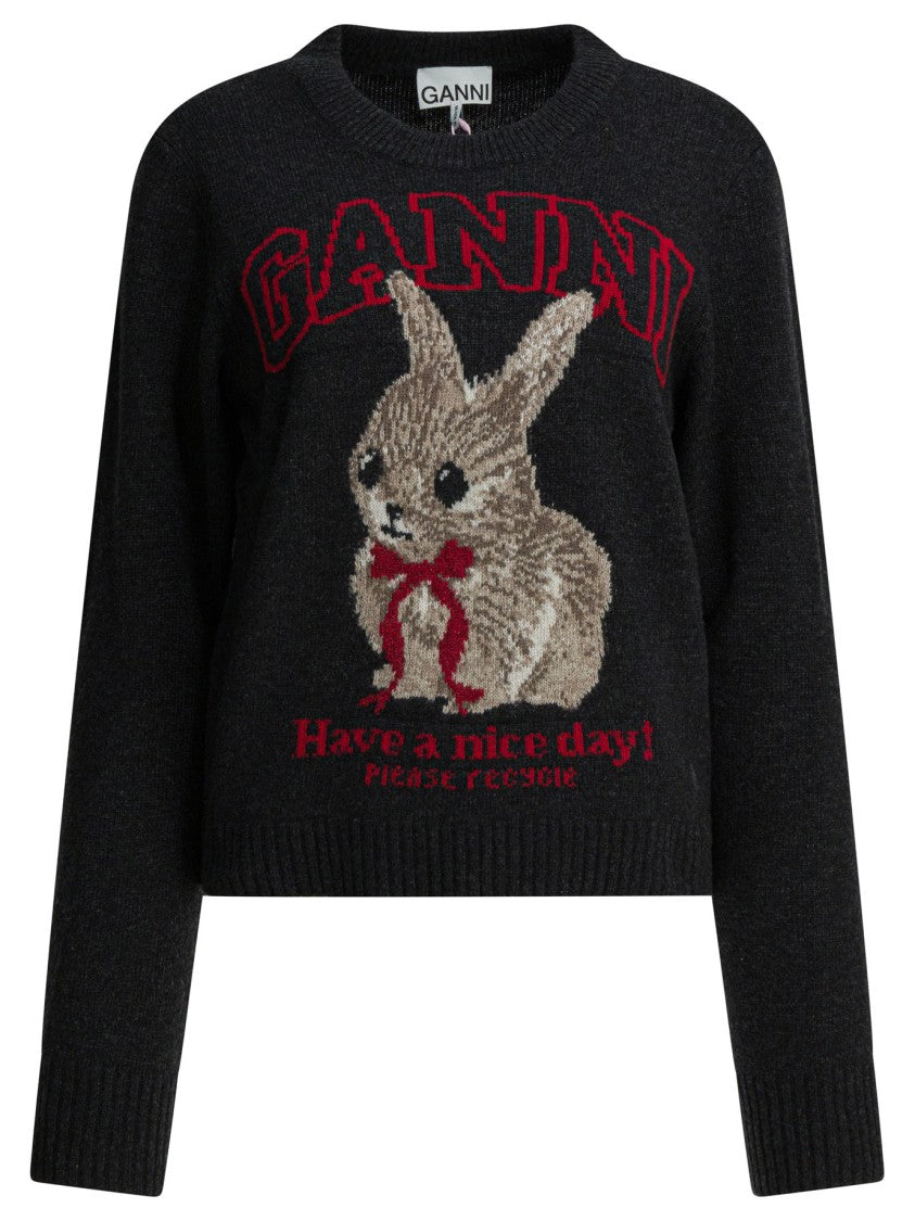 Ganni Graphic Print Wool Sweater With Ribbed Edges