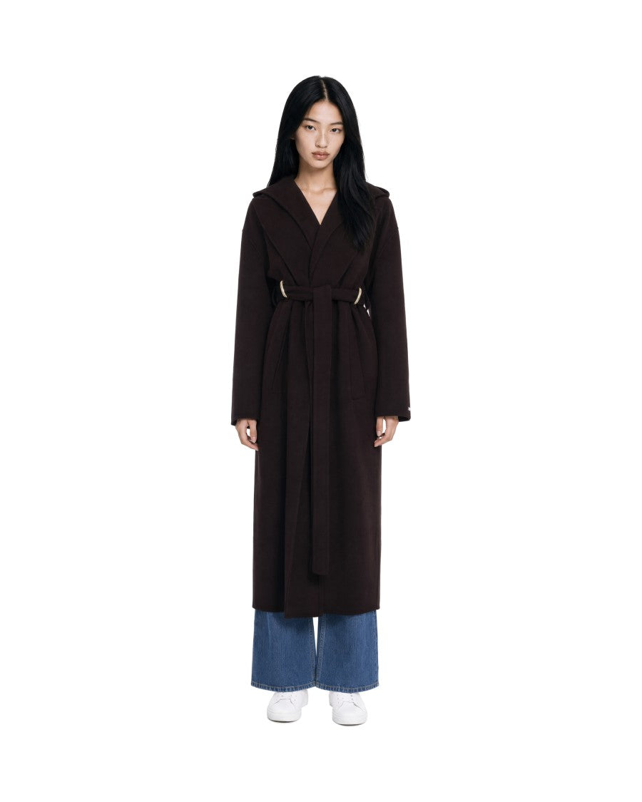 Sportmax Brown Virgin Wool Hooded Long Coat